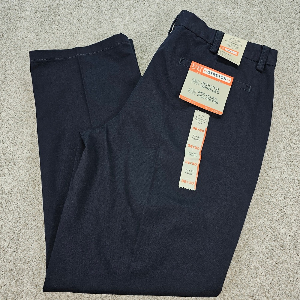 New St Johns Bay Mens Navy Blue‎ Pleated Front Stretch Pants Classic Fit 38x30